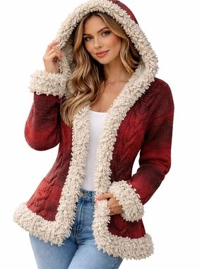 Vintage Orevalo Red Ombre Cable Knit Hooded Cardigan Sweater Faux Sherpa Boho